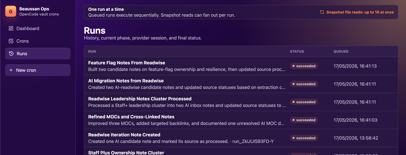 Screenshot of a list of runs in my personal Obsidian tool