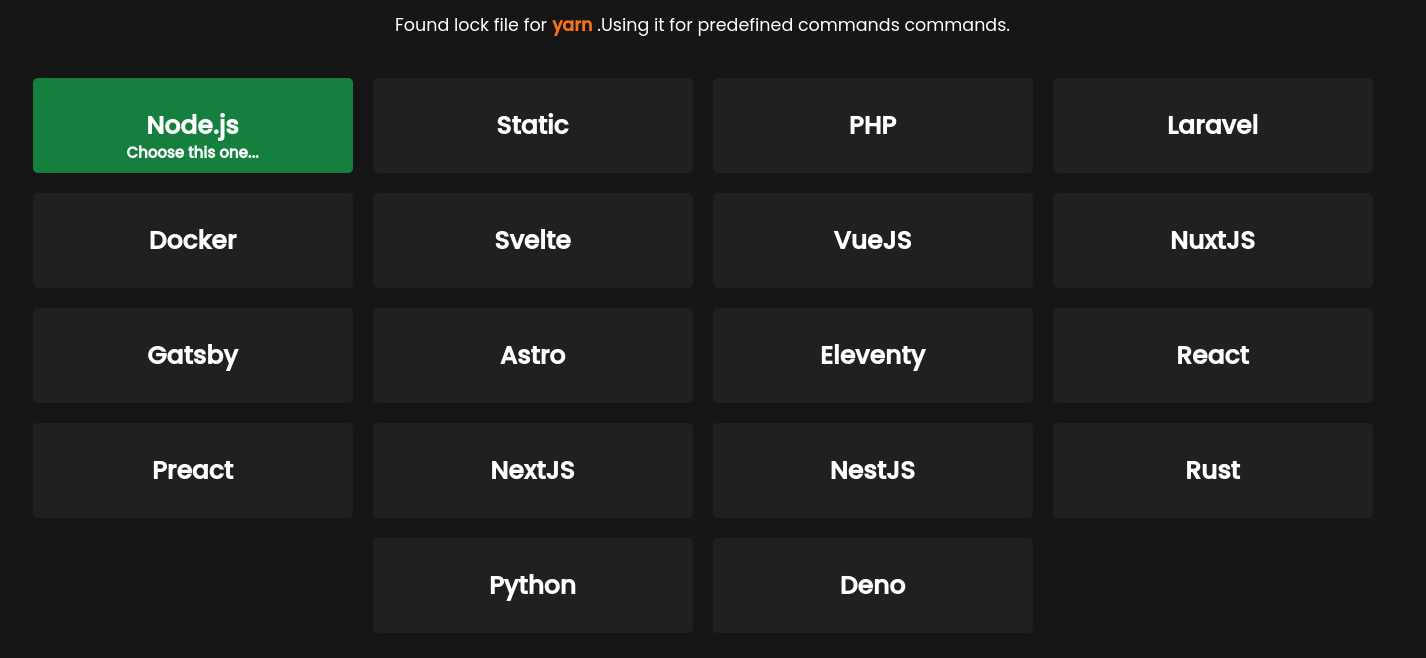 screenshot of coolify showing Node, static, php, laravel, docker, svelte, vuejs, nuxtjs, gastby, astro, eleventy, react, preact, nextjs, nestjs, rust, python and deno as predefined modules